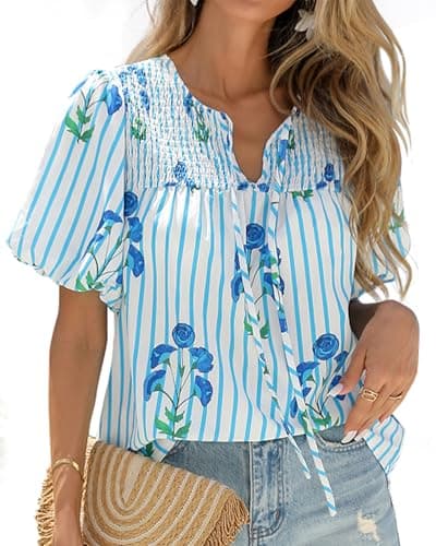 KIRUNDO Boho Tops for Women Summer 2026 Dressy Floral Blouse V Neck Drawstring Short Sleeve Shirts Beach Vacation Clothes(Striped White Blue, Medium) - Image 1