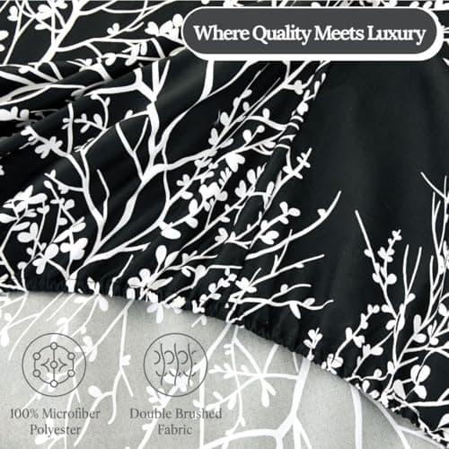 Spirit Linen home King Size Sheets Set - Pure Microfiber 4 Piece Polyester Bed Sheets, Fitted Sheet & Pillow Cases - King Sheets for All Seasons (Foliage Black/White, King) - Thumbnail 6