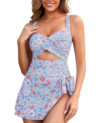 MFAVIP One Piece Swimsuit Women Tummy Control Swim Dress Sexy Criss Cross Tie Back Bathing Suit Blue Print - Image 1