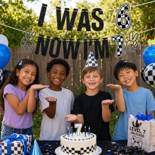 Black Glitter I Was 6 Now I'm 7 Birthday Banner, Two Fast Checkered Racing Theme 7th Birthday Party Decorations for Boys Girls, 6 to 7 Years Old Birthday Sign Garland Supplies - Thumbnail 4
