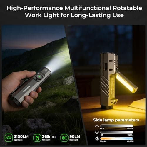 Wurkkos HD05 Flat EDC Flashlight, 3100 Lumens 4-in-1 LED Rechargeable Flashlight with UV, Red Light & Foldable Rotatable Side Light, USB-C High Lumens Flashlights, IPX6 for Camping,Outdoor,Work - Thumbnail 2