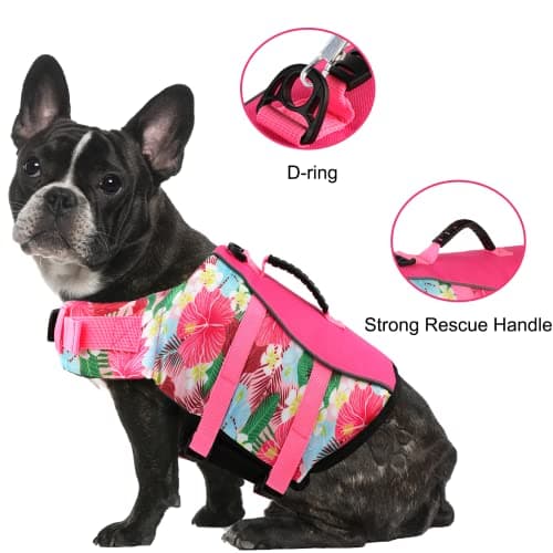 Mklhgty Dog Life Jacket, Reflective & Adjustable, Hawaiian Style, for Small Medium Large Dogs, Polyester & Cotton, Floral Pink, L - Thumbnail 3