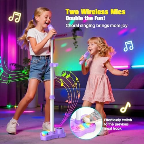 Stand Karaoke Machine for Kids, Singing Toys Gifts for 3 4 5 6 7 8 Year Old Girls Boys, Rechargeable Kid Microphone Bluetooth Speaker with 2 Wireless Mic for Girl Age 4-6 Toddler Birthday Party Toy - Thumbnail 3