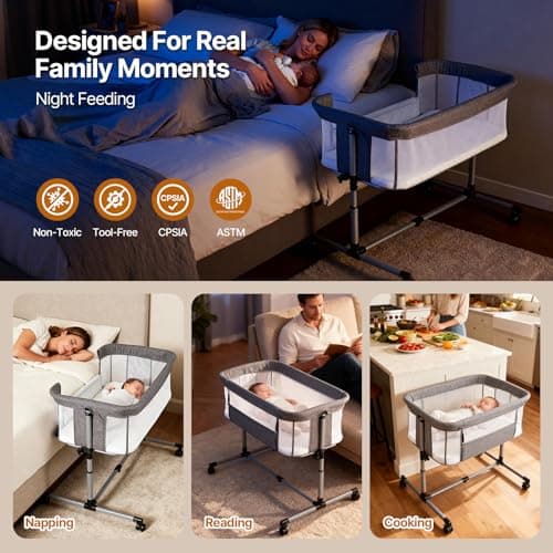 Cheermomo Baby Bassinet, 2 in 1 Bassinet Bedside Sleeper with Wheels, Stable and Secure Bedside Bassinets for Newborn Infant, 5 Height Adjustable Baby Crib, Breathable Full Mesh & Mattress, Grey - Thumbnail 3