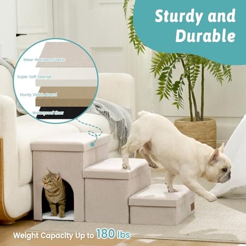 Dog Stairs with Storage, 4-Step Wider Sturdy Dog Steps for Small/Medium/Large Dogs and Older Cats, Doggie Ramp with Condo for Bed/Couch/Car Hold Up to 180 lbs (22.6" H, Beige) - Thumbnail 4
