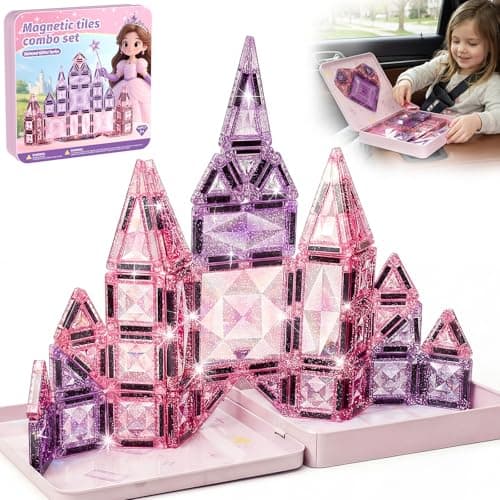 STEM MATCH Magnetic Tiles Girls Travel Toy: 42 PCS Pink Glitter Building Blocks Castle Tin Box - 120 Mins Quiet Play 60s Cleanup - Toddler Kids Gift Age 3 4 5 6 - Image 1