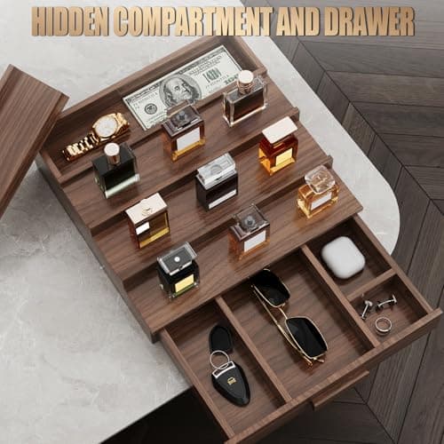 Gernshe Solid Walnut Cologne Organizer for Men,Cologne Stand,4 Tier Wooden Cologne Holder Shelf Display,Perfume Stand Organizer with Drawer Storage and Hidden Compartment,Gift for Men Dad Husband - Thumbnail 2