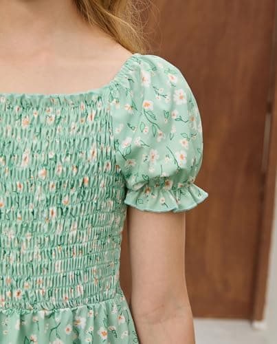 FREELYVE Girls Summer Floral Smocked Dress Square Neck Puff Sleeve Ruffle School Party Teen Sundress,Green,6-7Y - Thumbnail 5