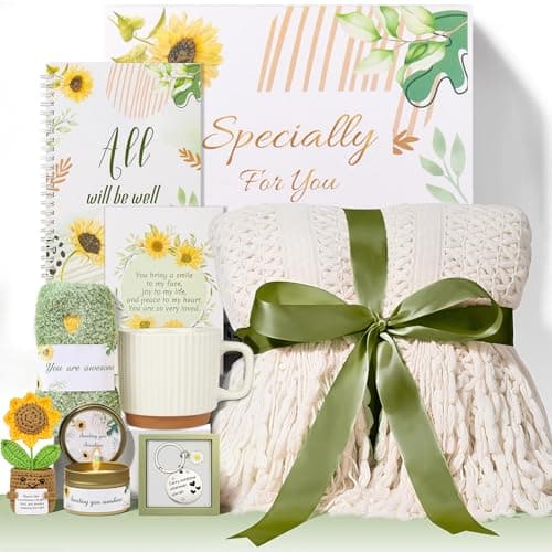 Mothers Day Gifts for Mom, 9-Piece Sunflower Gift Basket with Blanket & Crochet Flower - Self Care Package, Get Well Soon & Birthday Gifts for Women, Grandma, Wife - Image 1