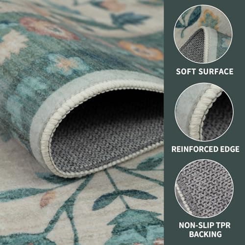 Dotiiorug Vintage Washable Area Rug for Living Room,Low Pile 5x7 Non Slip Carpet Non-Shedding Area Rug Soft Indoor Stain Resistant Rug Floral Print Mat for Bedroom Dining Room 089-Green - Thumbnail 4