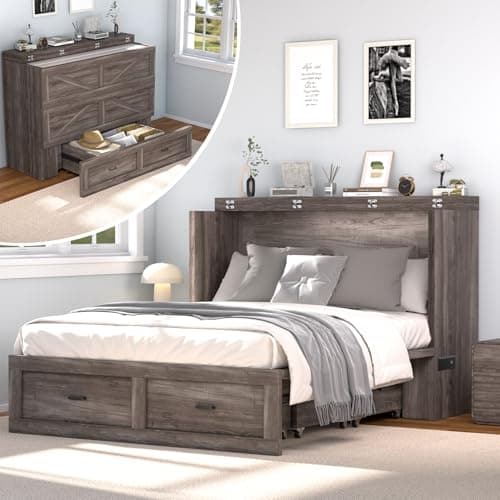 janiry Full Size Murphy Bed with Charging Station，Murphy Bed Cabinets with Foldable Panel for Small Spaces or Bedroom,Office,Grey - Image 1