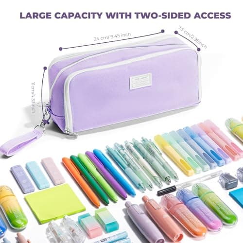 Four Candies Puple Pencil Case 3 Compartment Pouch, Large Pencil Case for School, Girls, Teen Boys, Women, Puple, Removable Handle & Zipper, Cute Pencil Bag for Office, College - Thumbnail 3