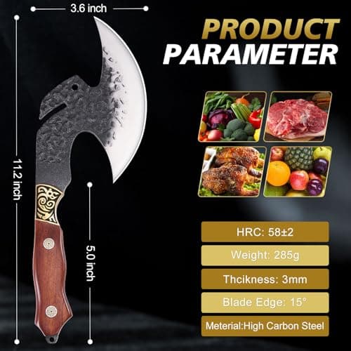 Hand Forged Viking Knife Axe, 6.2" Meat Cleaver with Sheath, Red Sandalwood & Copper Handle Boning Knife for Meat Cutting, High Carbon Steel Butcher Knife Home Outdoor BBQ Camping Gifts for Men Dad - Thumbnail 6