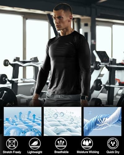 RIKUAOU Men's Long Sleeve Compression Shirt, Quick Dry Athletic Base Layer Top, Skins Fit Football Running Workout Undershirt Black - Thumbnail 5