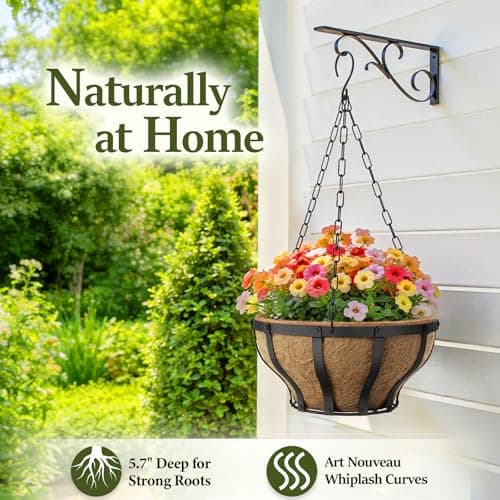 VOXOR Metal Hanging Baskets for Plants, Heavy Duty Wrought Iron Hanging Baskets with Coco Liner & Reinforced Chain, Ideal for Garden, Patio & Porch Decoration (2 Pack, 12 Inch) - Thumbnail 4