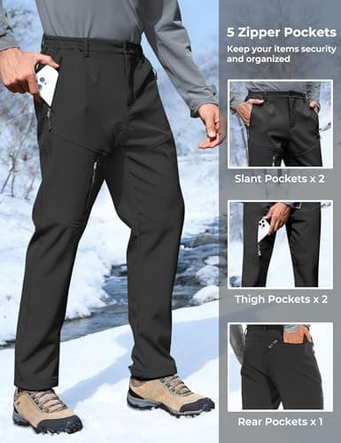 MOURCE Ski Snow Pants for Men Waterproof - Fleece Lined Winter Cargo Pants for Men Outdoor Work Travel, Arctic Black - Thumbnail 3