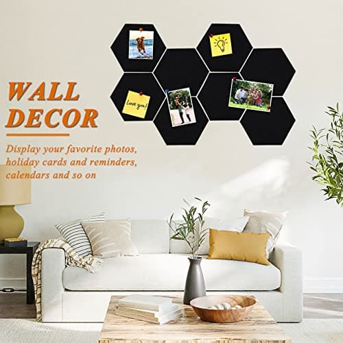 HULAVO 8Pcs Hexagon Felt Cork Board Tiles, Self Adhesive DIY Bulletin Board Pin Board for Office School Home Wall Decor Stickers Memos Photos Display (Black) - Thumbnail 4