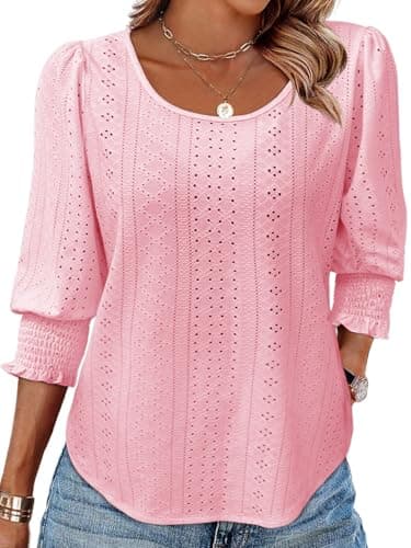 Tankaneo Womens Eyelet Embroidered Blouse Pink 3/4 Sleeve Square Neck Smocked Cuff Top Dressy Shirts 2025 - Image 1