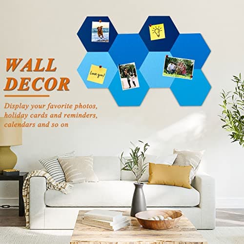 HULAVO 8Pcs Hexagon Felt Cork Board Tiles, Self Adhesive DIY Bulletin Board Pin Board for Office School Home Wall Decor Stickers Memos Photos Display (Gradual Blue) - Thumbnail 4