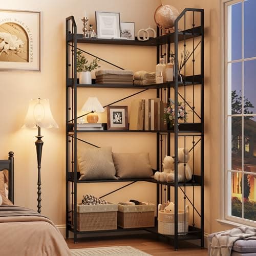 GarveeHome Corner Bookshelf 72" L Shaped Bookcase, Corner Bookshelves Industrial Bookcase 5 Tier L-Shape Bookshelf, Large Bookcases with Beaded Design Tall Display Rack Shelf for Living Room Bedroom - Thumbnail 5