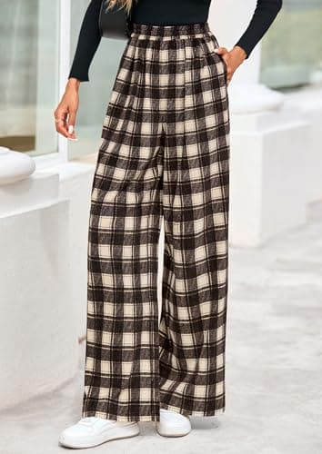 PRETTYGARDEN Casual Women's Pants 2026 Elastic Waist Palazzo Long Pajama Wide Leg Trousers Knit Fall Outfits with Pockets (Plaid Brown,Medium) - Thumbnail 2