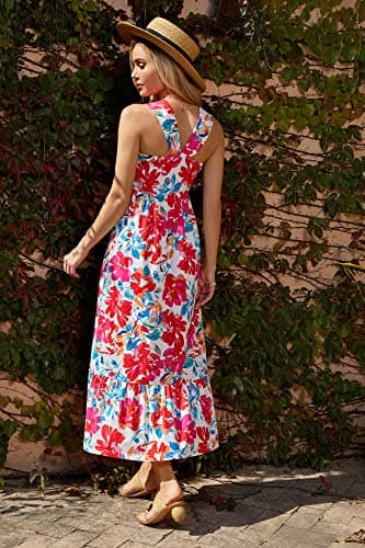 2024 Women Crossover Halterneck Sleeveless Floral Flowy Maxi Dresses Multicolor L - Thumbnail 2