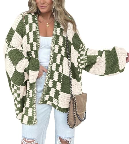 BTFBM Casual Cardigan Sweater for Women Fall 2025 Long Sleeve Open Front Chunky Knit Sweaters Checkered Outwear Coat(Army Green,Medium) - Image 1
