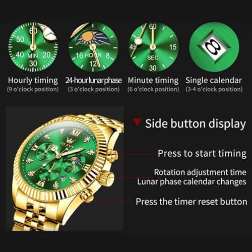 OLEVS Gold Watches for Men Luxury Dress Green Big Face Stainless Steel Analog Quartz Mens Watch Wrist Waterproof Fashion Chronograph Moon Phase Luminous Mens Watches Relojes para Hombres - Thumbnail 5