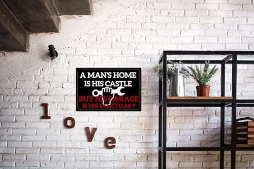 Carastora Men's Vintage Garage Decor, Funny Metal Tin Sign, Quote "A man's home is his castle, his garage his sanctuary", Rustic Style Den Home Bar Accessory, 12x8 Inch - Thumbnail 3