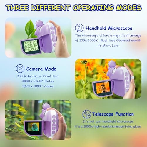 Microscope for Kids,Handheld Kids Microscope – 1000X Magnification,2'' HD Screen,1080P Camera,Built-in Telescope,STEM Educational Toy,Christmas/Birthday Gift for Ages 3-12 (Purple) - Thumbnail 4