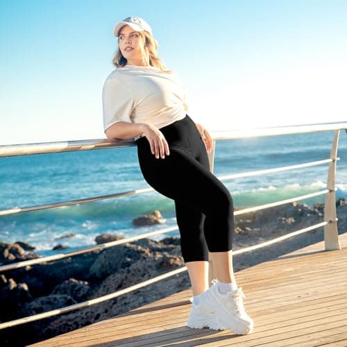 Walifrey Plus Size Capri Leggings for Women，High Waisted Buttery Soft Plus Capris for Gym Yoga Black 4XL - Thumbnail 4