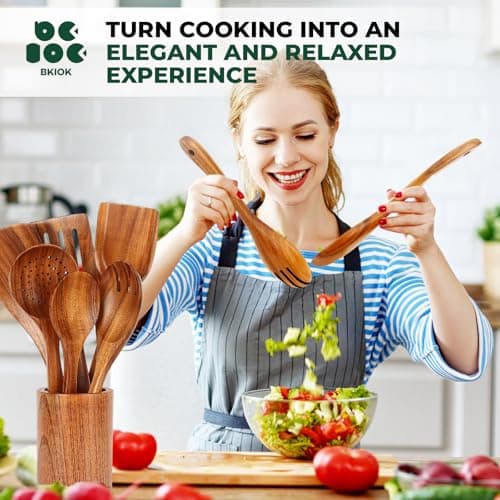 Bkiok Teak Wood Utensil Set, Wooden Utensils set for Kitchen Handmade Cooking Utensil Set with Spoon Rest and Utensils Holder (9Pcs) - Thumbnail 6