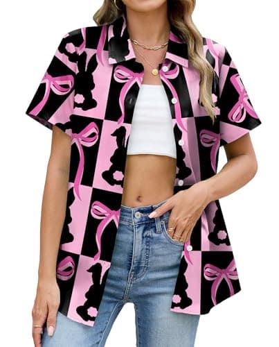 SWTJIC Easter Shirt Women Happy Easter Day Shirt Bowknot Rabbit Graphic Button Down Short Sleeve Outfit Pink L - Image 1