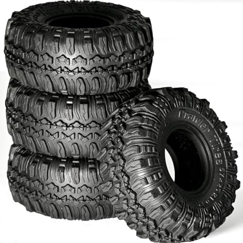 RcThjia 1.0 Rock Terrain Rubber Tires with Foam Inserts(57 x 24 mm) for 1/18 TRX4M, FMS FCX24 Axial SCX24 1/18 1/24 RC Crawler Car Super Soft Sticky Tyre 1.0” Crawler Tire Stone Crawling