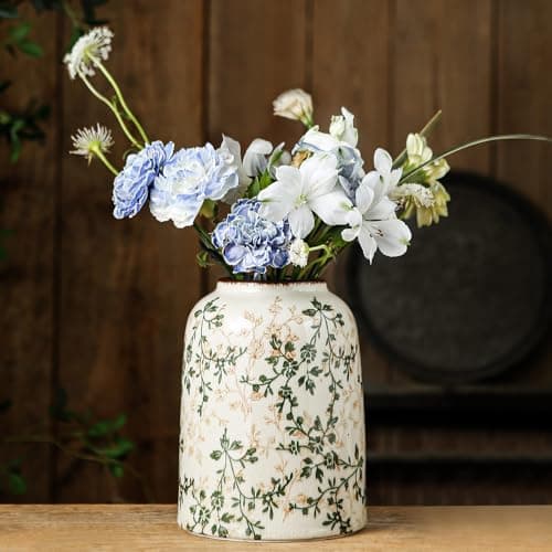 Green Vintage Vase, Chinoiserie Floral Vases, Retro Ice Cracked Ceramic Large Vases for Home Decors, Living Room, Bookshelf, Office, Grand Millennial Decor, Chinoiserie Decors, Tuscan Decor 7.8 Inch - Image 1