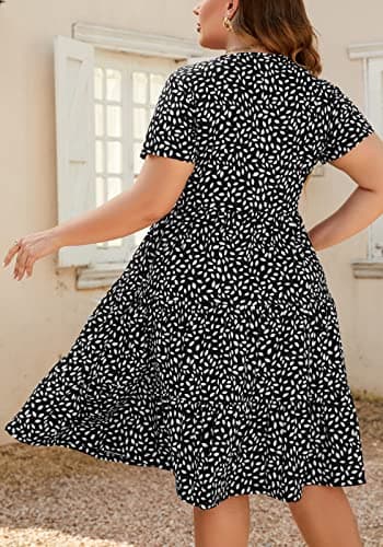 Younrui Casual Tiered Aline Plus Size Dress for Women Scoop Neck Short Sleeve Loose Fitting Flowy Midi Summer Dresses (4XL-1001-Black Floral) - Thumbnail 2