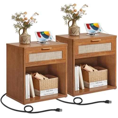 LEYAOYAO Rattan Nightstands Set of 2 with Charging Station, Natural Wood Night Stand with Drawer, 23" Wide Boho Bedside Table Open Cabinet, Bed Side Table Dresser for Bedroom, Living Room, Entrance - Image 1