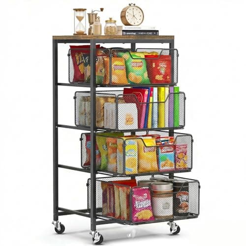 SUNALLY Rolling Cart with Drawers, 4-Tier Utility Cart Snack Storage Organizer with Lockable Wheels, Metal Kitchen Storage Cart with Wooden Top for Craft, Bathroom, School, Office, Bedroom, Black - Image 1