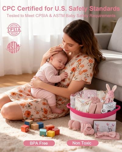 Budyvayi 22-Pcs Baby Girl Gift Basket Set, Pink (0-12M Newborn) | Premium Baby Shower Gifts for Girls: Newborn Essentials Set in Woven Basket with Balloon & Bow, Ultimate Welcome Baby Package - Thumbnail 3