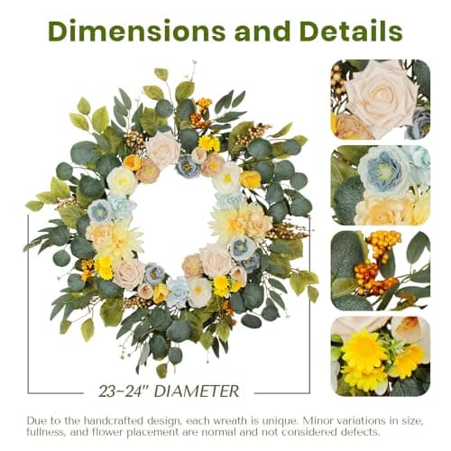 24Inch Spring&Sunmmer Wreath, Fade Resistant Outdoor Wreath for Front Door, Handmade Door Wreath with Artificial Flowers and Decorations for Window Fireplace Wall Porch - Thumbnail 4