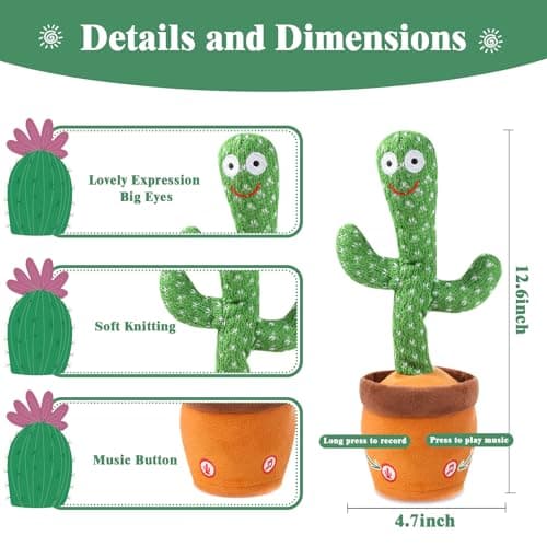 MIAODAM Dancing Cactus, Talking Cactus Baby Toy, Colorful Glowing Repeating Cactus Toy for Baby Toddler, Singing Cactus Toy 10 Pcs Songs Repeats What You Say for Baby Toy Gift Mimicking - Thumbnail 2