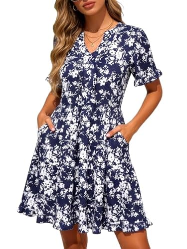 Berydress Women's Summer Dress 2026 Easter Sun Dresses with Pockets Short Sleeve Tiered Ruffle Flowy Babydoll Casual Cotton Sundresses(XL,6316-Navy Flo) - Image 1