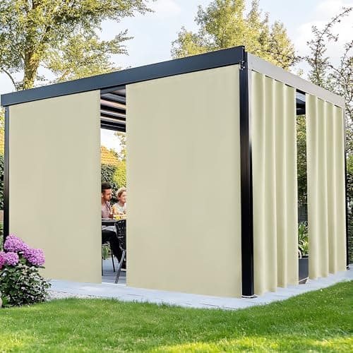 NICETOWN Rod-Free Outdoor Curtains for Patio Waterproof, Sticky Top & Back Tab Bottom with Free Rope for Wind Resistance, Weatherproof Drapes for Gazebo/Porch, W66 x L90 in, Light Beige, 2 Panels - Image 1