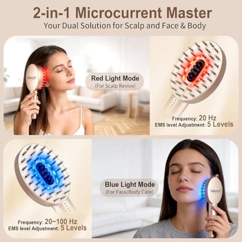 ABVOT 3-in-1 Electric Scalp Massager with Hair Oil Applicator, Red & Blue Light Modes, Vibrating Massage Tool for Scalp/Face/Body Relaxation, Portable Scalp Massager Brush for Travel (Champagne) - Thumbnail 2