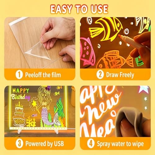 Kids Neon LED Acrylic Drawing Board, 5.9x5.9 Inch Dry Erase Doodle Pad - Thumbnail 3