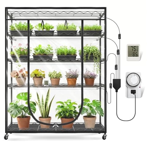 JESLED Indoor Greenhouse with Grow Light, 4FT Full Spectrum 5000K LED Light for Seed Starting, Tiered Lighting Control, Built-in Timer & Thermo-Hygrometer, Rolling Metal Plant Stand (47.2x13.8x70IN)