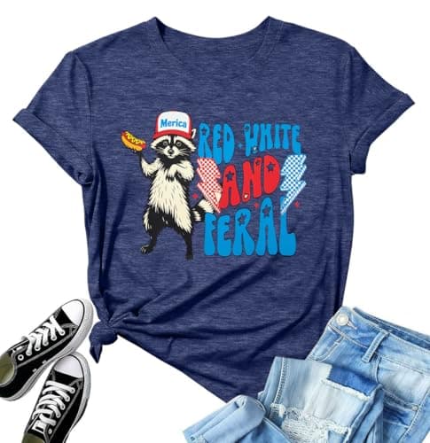 4th of July Shirt Women Red White and Blue Shirts Funny 250 Anniversary USA Raccoon T-Shirt America Patriotic Tee Tops - Image 1