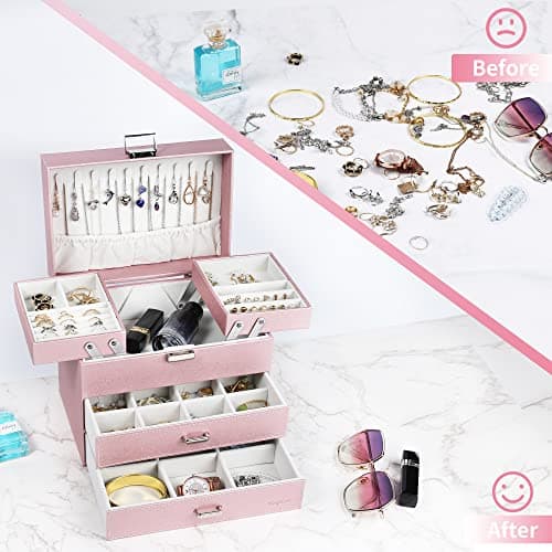 Dajasan Jewelry Boxes for Women Girls, Jewelry Storage Organizer, 4 Layers Large Jewelry Organizer Box with 2 Drawers for Friends, Wife or Mother Gift (Pink) - Thumbnail 2