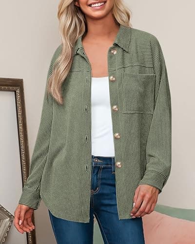 PRETTYGARDEN Women's Button Down Shirts 2026 Spring Long Sleeve Textured Tops Oversized Shacket Jacket Knit Blouses(Sage Green,Large) - Thumbnail 3