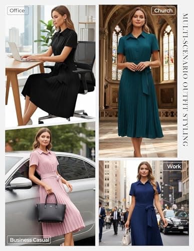 GRACE KARIN Women 2026 Summer Business Shirt Dress,Short Sleeve Collared Neck Button Midi Dresses,Pleated Casual Dresses Navy Blue L - Thumbnail 2